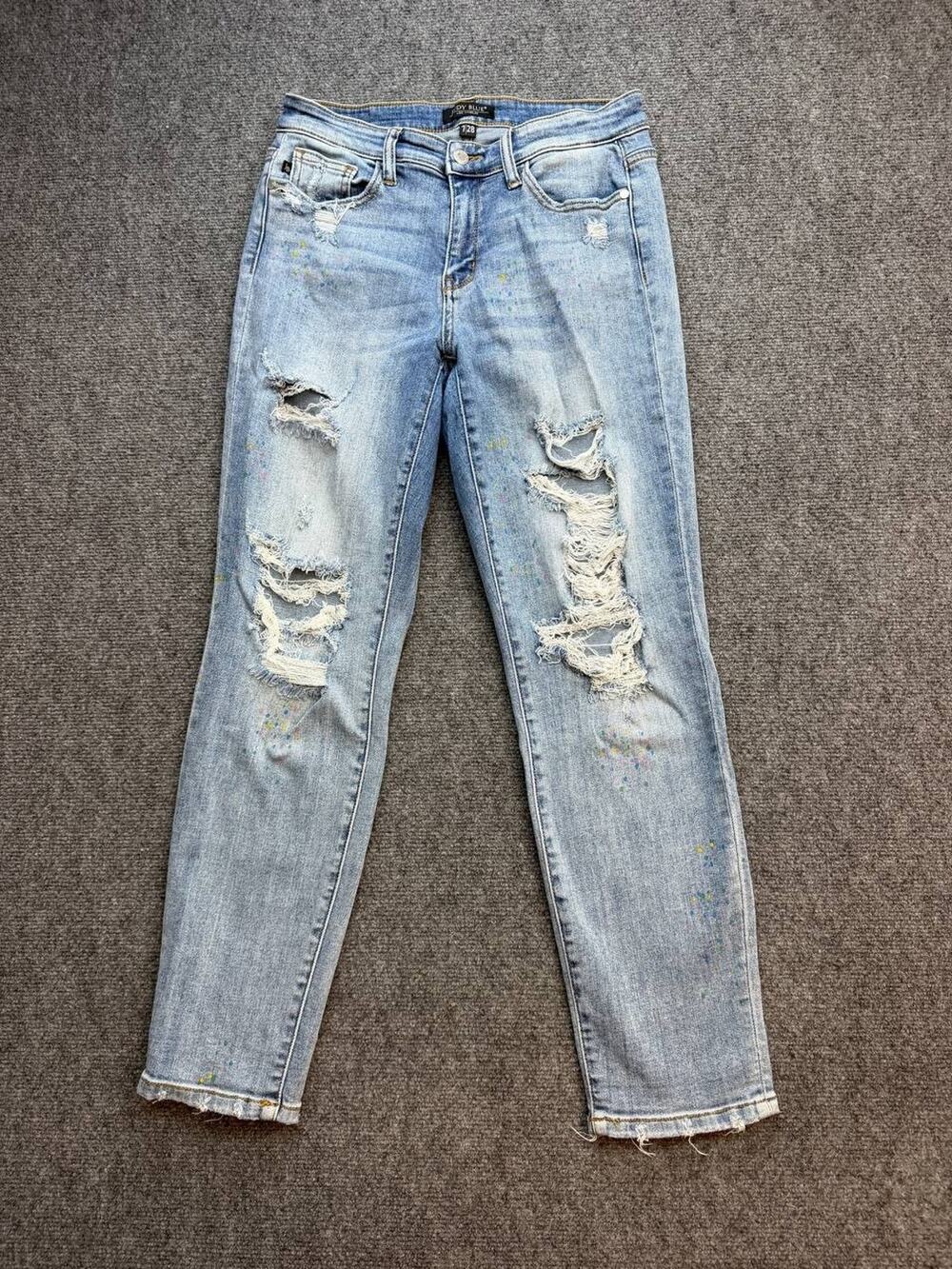 Judy Blue JB82245LT Women’s 7/28 Boyfriend Distressed Paint Splatter Jeans